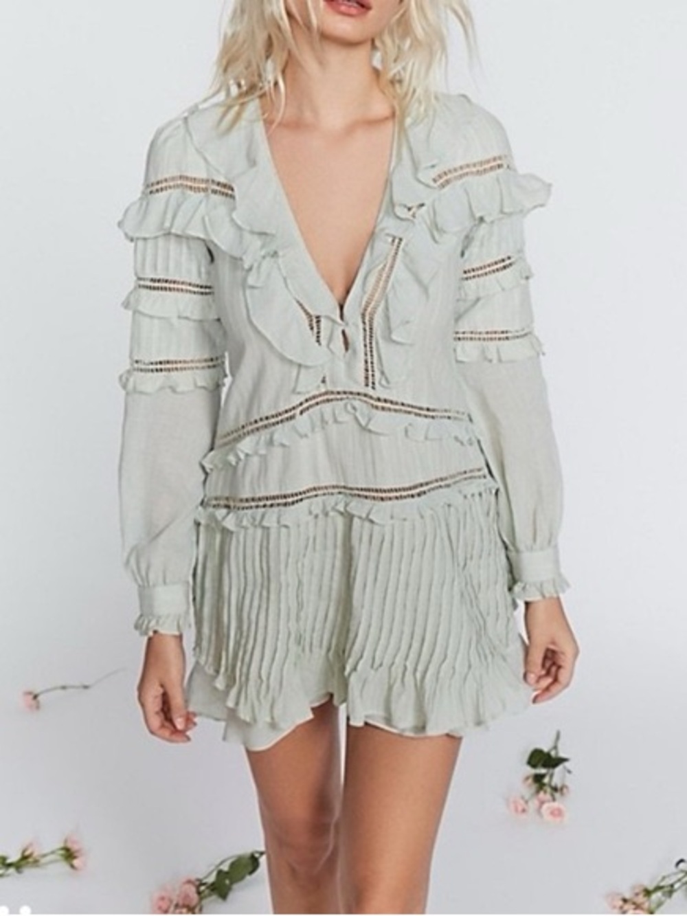 For Love & Lemons Ziggy Pintuck Mini Dress Sage Green Ruffle Lace Small NWOT